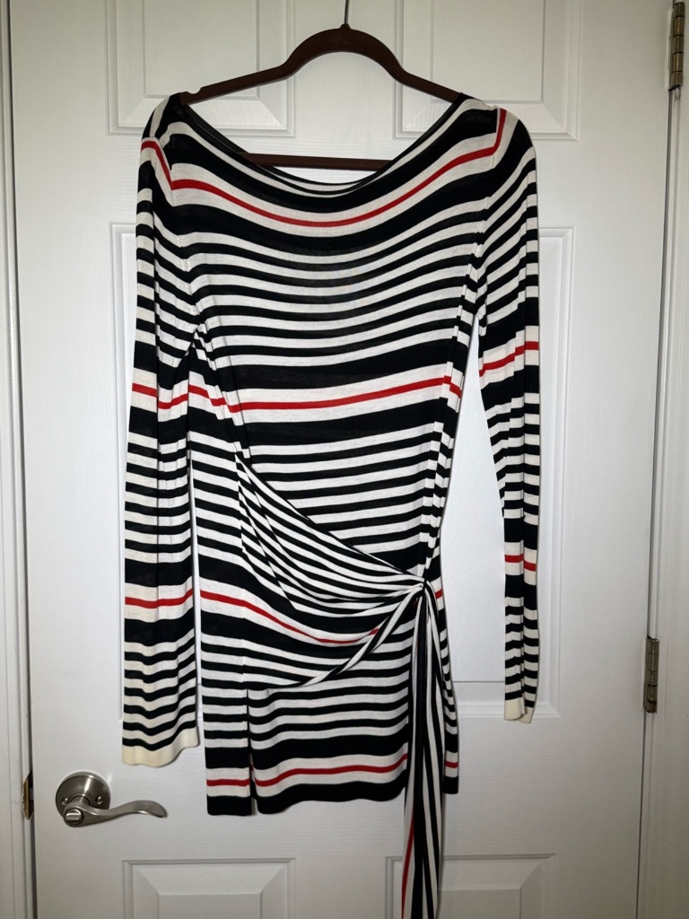 Striped Long-Sleeve Tie-Waist Dress in Black, White & Red